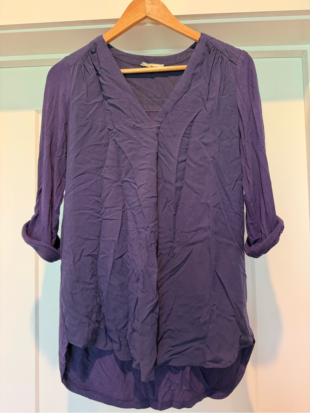 Pleione V-Neck Roll-Sleeve Blouse in Deep Purple